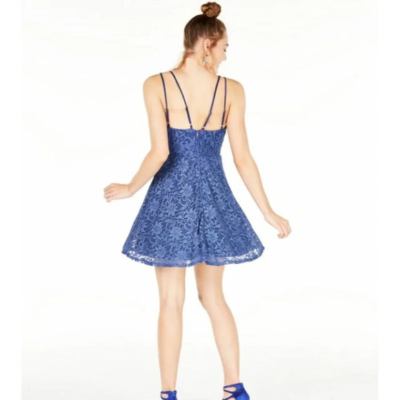 Teeze Me Junior's Metallic Lace Fit & Flare Dress Blue - Picture 3 of 3